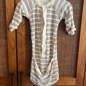 Goumi Striped Cream Baby Gown with Brown and Green Stripes
